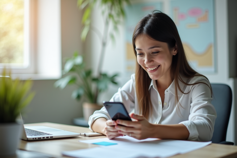 Jeune femme souriante utilisant une appli bancaire sur smartphone