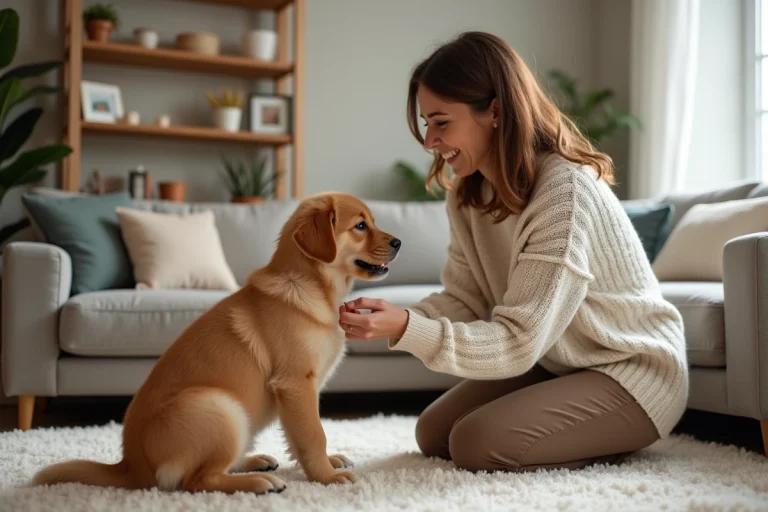 Femme accueillant un chiot golden retriever dans un salon chaleureux