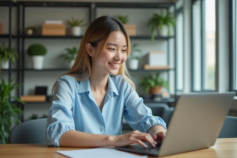 Jeune femme souriante utilisant un ordinateur dans un bureau moderne