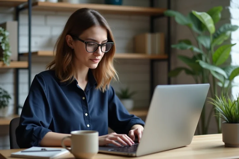 Femme travaillant sur son ordinateur portable dans un bureau à domicile pour améliorer sa présence en ligne