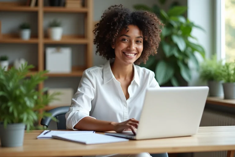 Jeune femme au bureau moderne travaillant sur son ordinateur