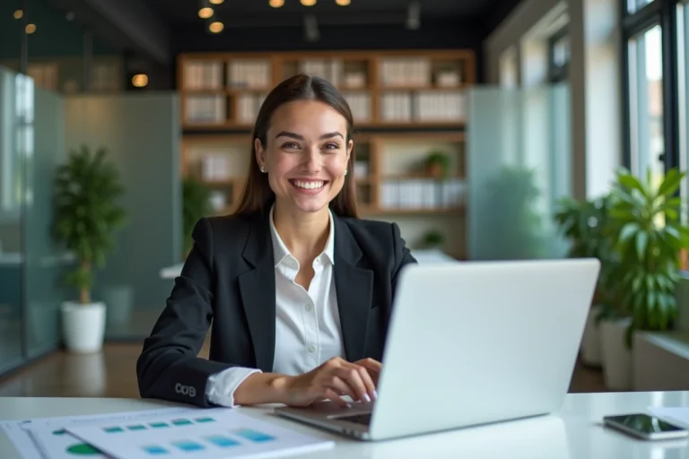 Femme souriante en tenue professionnelle dans un bureau moderne