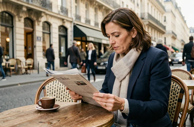 Femme lisant un journal à une terrasse de café parisien, actualités françaises de la semaine
