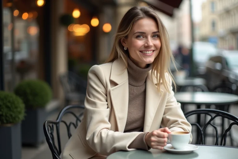 Femme élégante buvant un café en terrasse urbaine