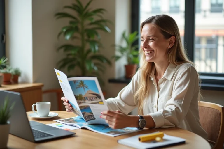 Femme consultant le catalogue SG Vacances 2026 à la maison pour planifier ses congés