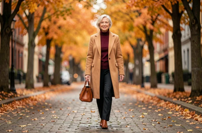 Femme chic aux cheveux blancs en manteau camel marchant sur un pavé parisien en automne