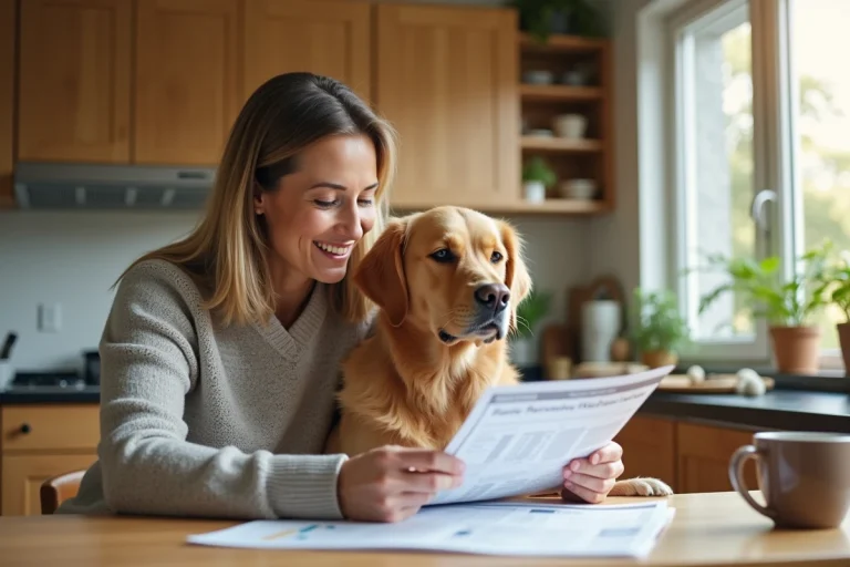 Femme avec son chien doré en cuisine lumineuse