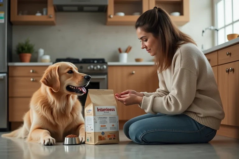 Femme kneeling avec son chien dans une cuisine chaleureuse