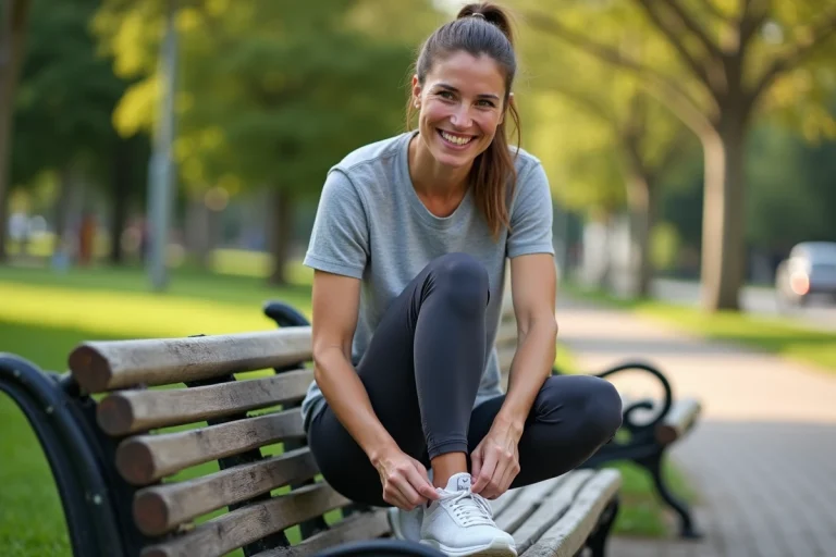 Femme souriante en jogging attachant ses chaussures dans un parc