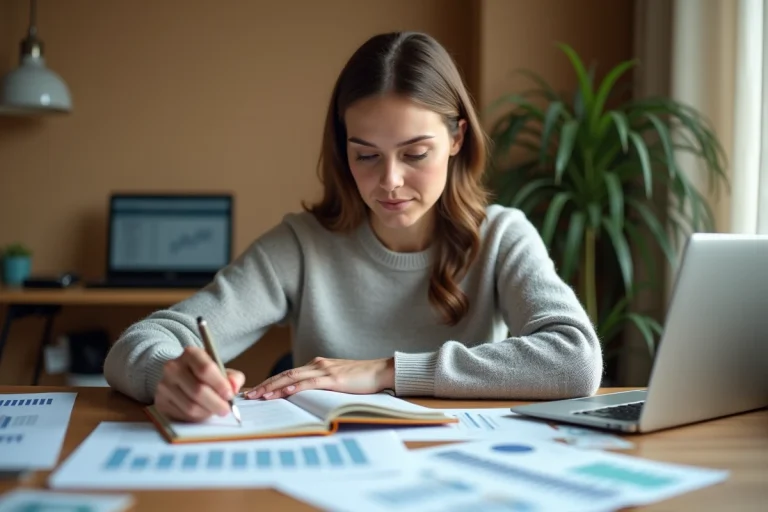 Femme débutante en finances étudiant l'indice BT47 sur des documents imprimés à son bureau à domicile