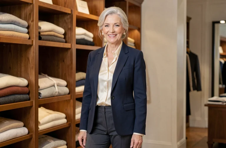 Femme élégante de 75 ans en blazer marine et chemisier en soie dans une boutique parisienne