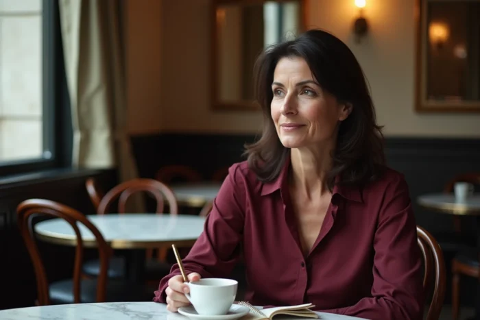 Femme élégante attablée dans une brasserie parisienne classique avec un carnet et un café