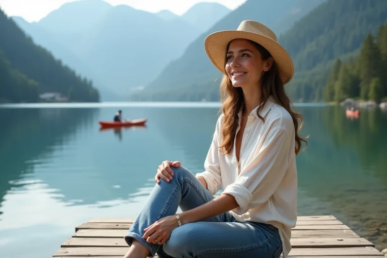 Jeune femme souriante au bord du lac alpin en vacances