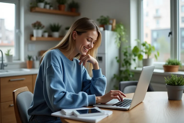 Jeune femme souriante utilisant son ordinateur dans la cuisine