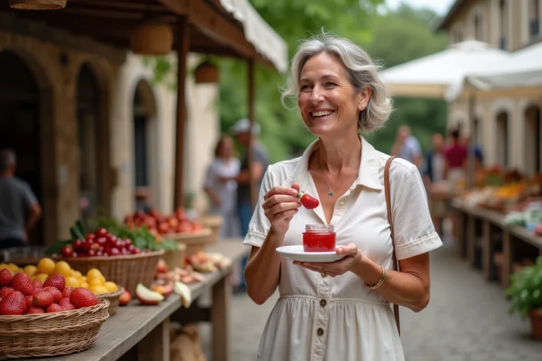 Femme souriante dégustant de la confiture de fraises artisanale au marché de Concze