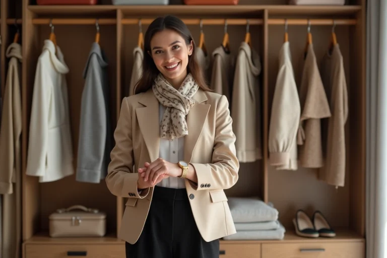 Femme élégante ajustant sa montre dans un dressing moderne