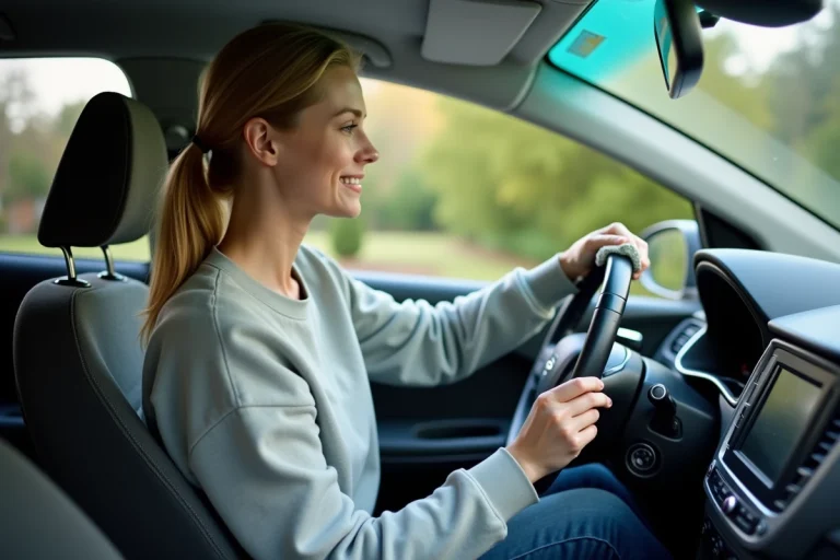 Femme nettoyant le tableau de bord de sa voiture