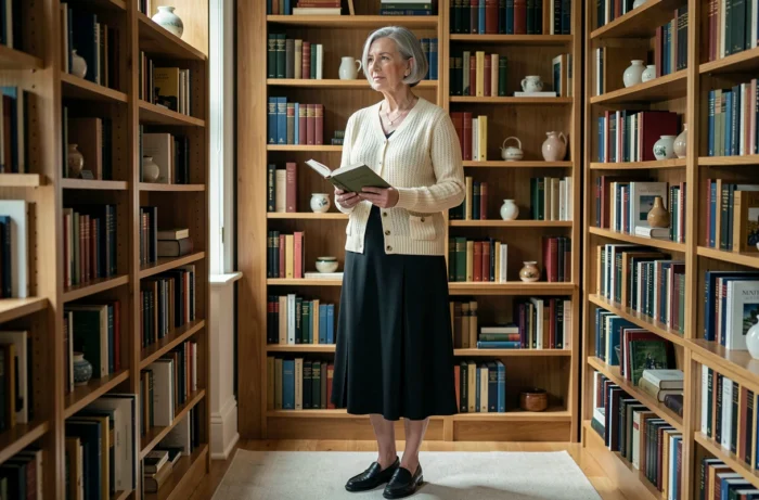 Femme posée de 75 ans en cardigan crème et jupe noire dans une bibliothèque à domicile