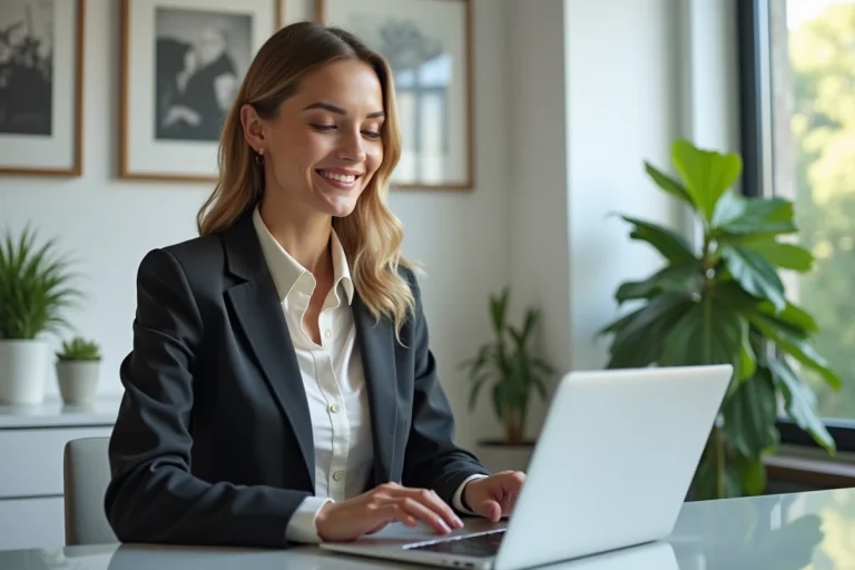 Femme confiante en réunion vidéo dans un bureau moderne