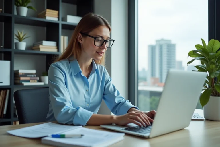 Femme professionnelle lisant des actualités médicales sur son ordinateur