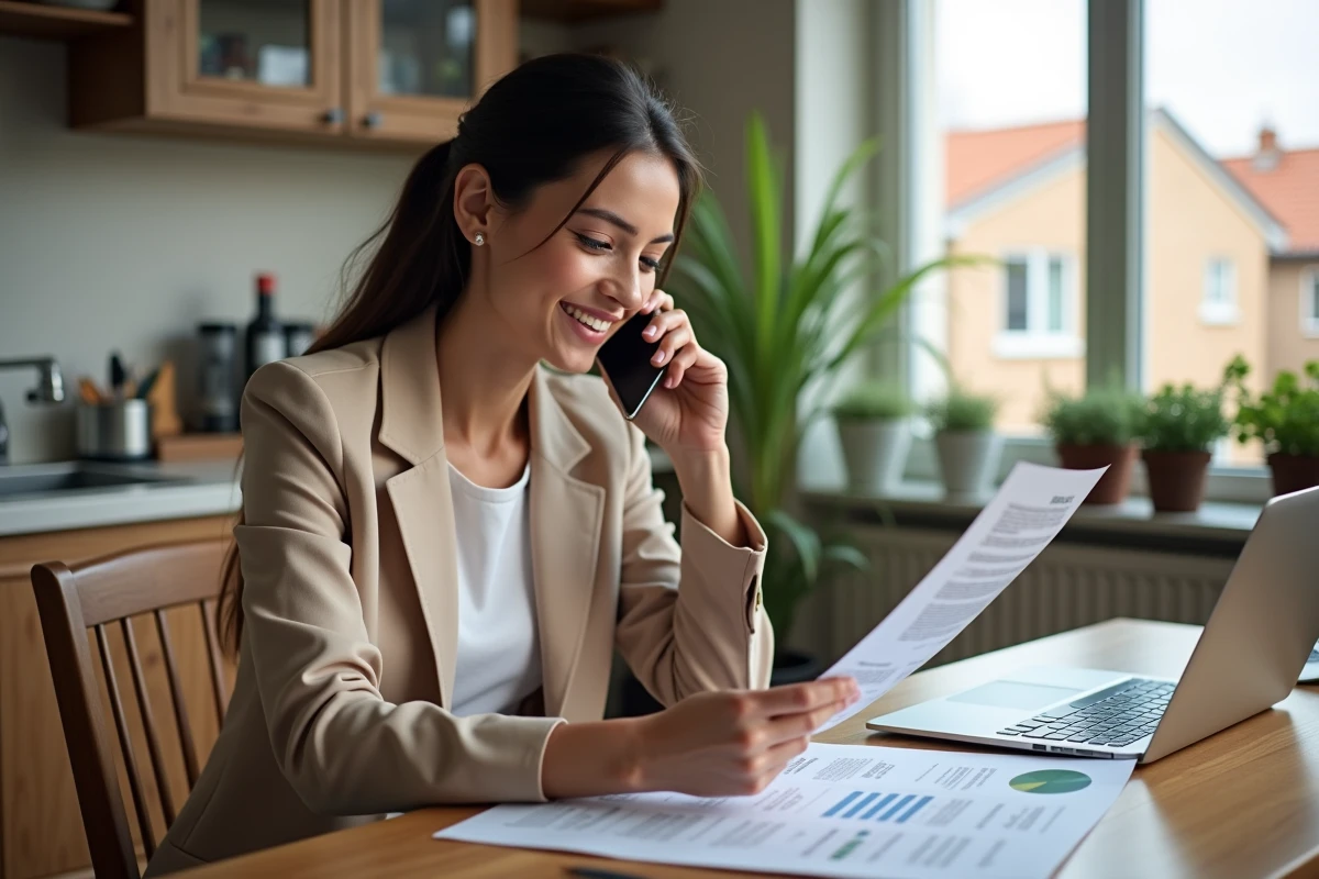 Jeune femme souriante au bureau avec rapport immobilier