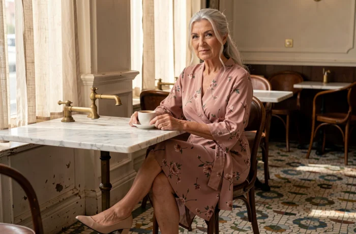 Femme sophistiquée de 75 ans en robe cache-cœur rose assise dans un café parisien vintage