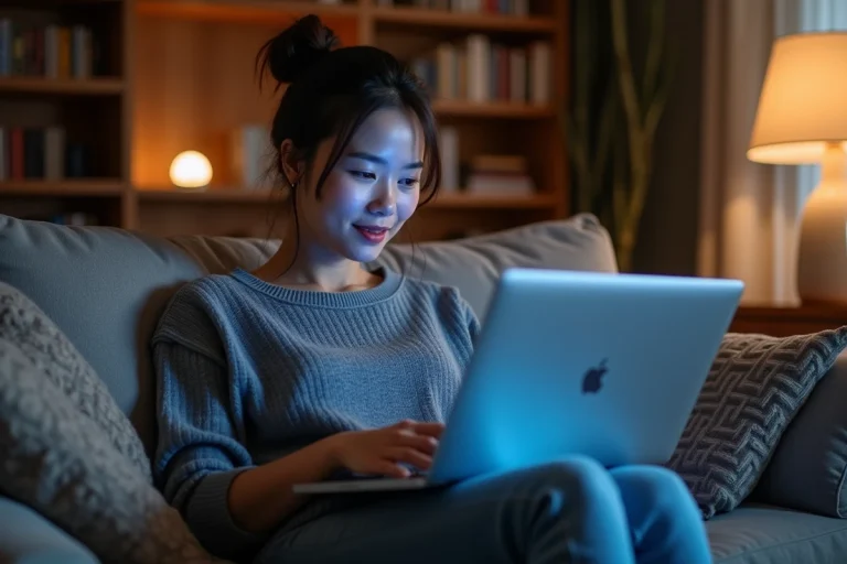 Jeune femme parcourant des sites de streaming gratuits sur un ordinateur portable dans un salon cosy