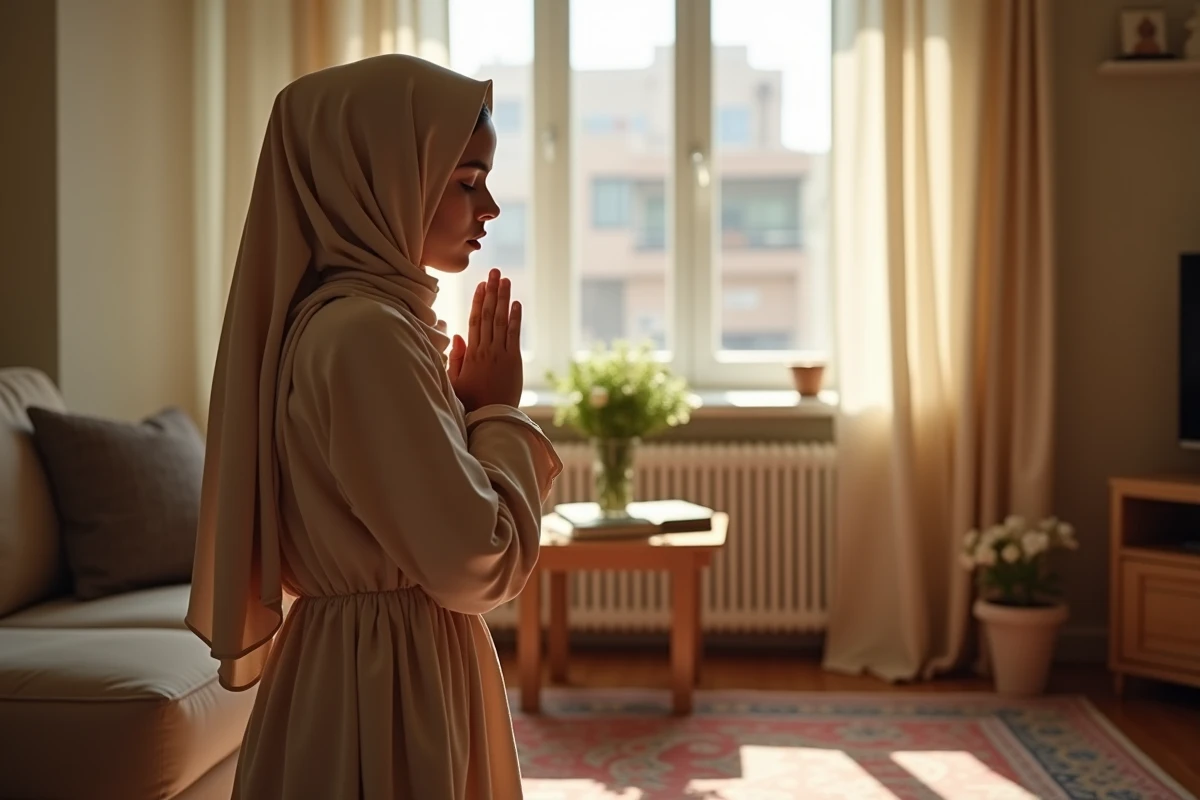 Jeune femme nord-africaine en prière avec un bâillement discret