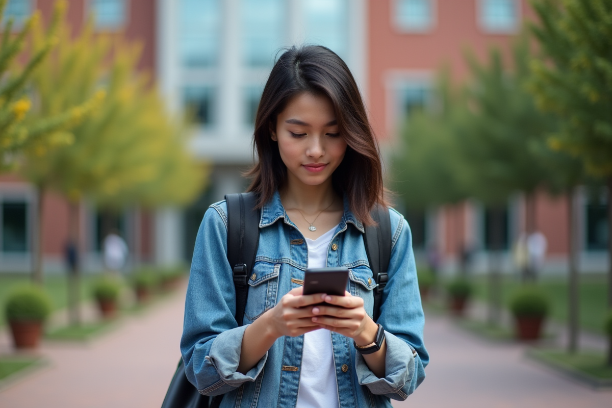 Jeune étudiante utilisant une application AR devant l