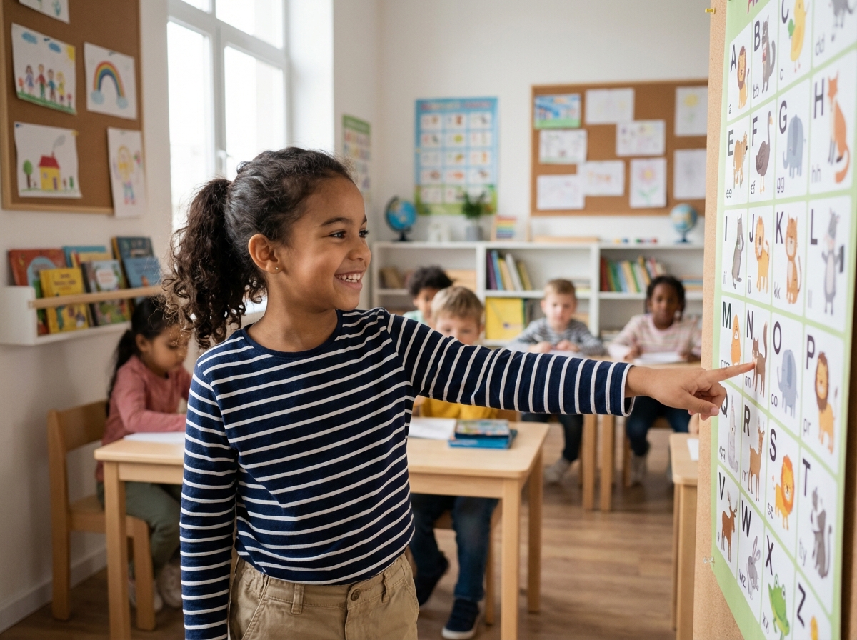 Fille de sept ans pointant un alphabet dans une classe moderne