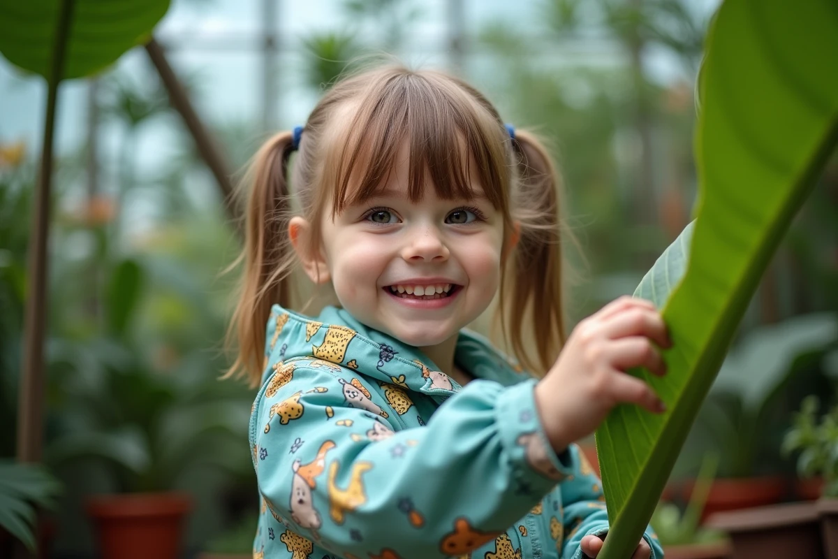 Jeune fille touchant une grande feuille dans la serre