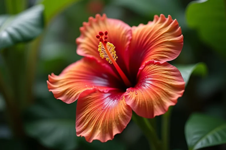 Gros plan d'une fleur d'hibiscus hawaïen aux pétales cramoisis avec des gouttes de rosée dans un jardin tropical luxuriant