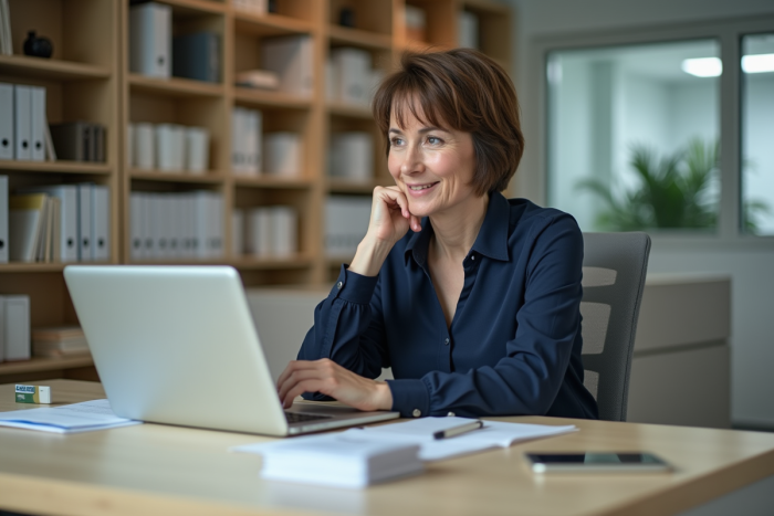 Femme fonctionnaire au bureau avec ordinateur et tablette