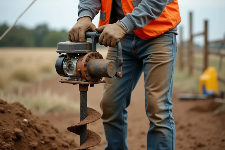 Homme utilisant une tarière thermique pour forer un puits manuel dans un terrain rural