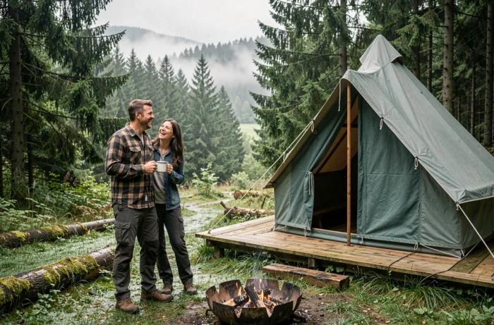 Couple en séjour glamping dans une tente cloche en toile dans la forêt des Ardennes belges avec vue sur la vallée brumeuse