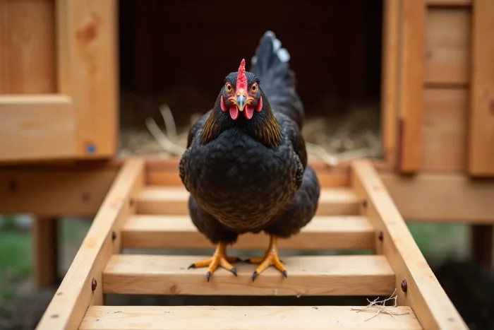 Gros plan d'une poule agrippant les barreaux d'une échelle de poulailler en bois brut