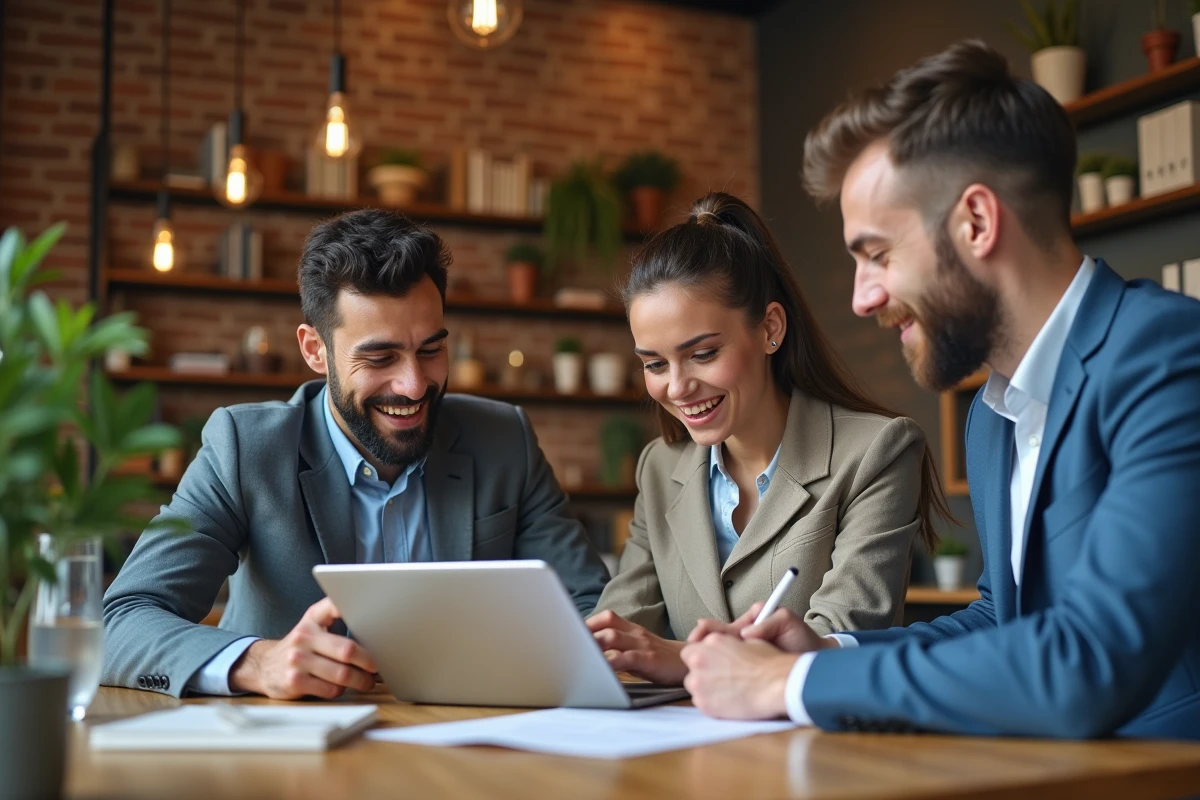 Trois jeunes professionnels en brainstorming dans un café