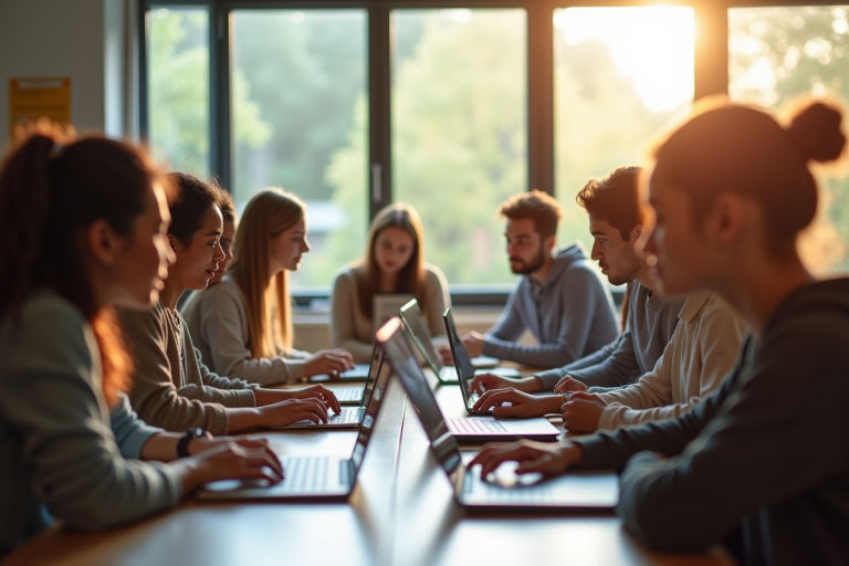Groupe d'étudiants divers en étude dans une salle lumineuse