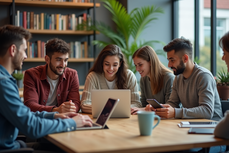 Groupe d'étudiants universitaires en lounge moderne