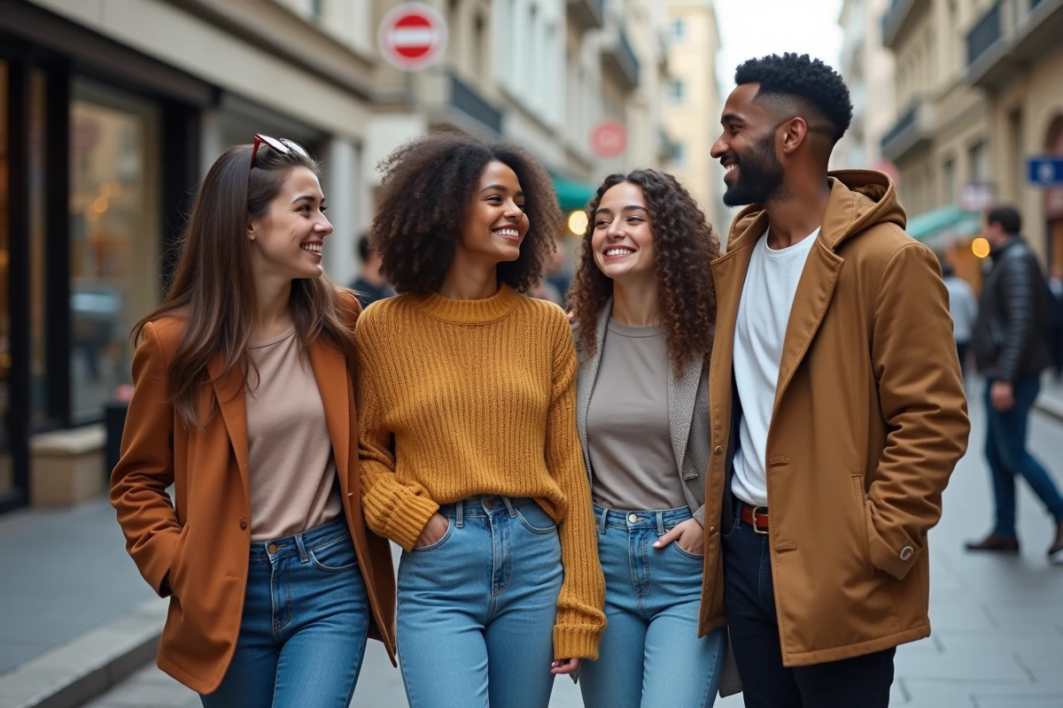 Groupe de jeunes fashionistas dans la rue urbaine animée