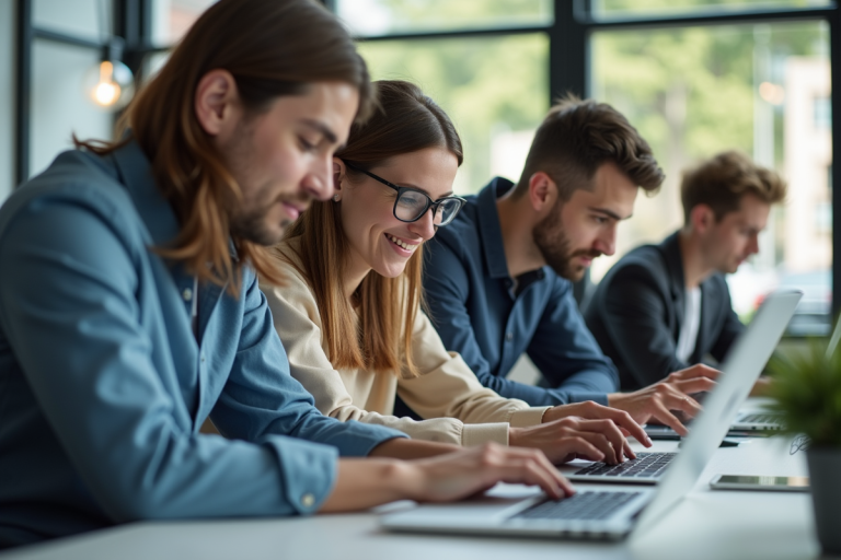 Groupe de professionnels dans un espace coworking lumineux