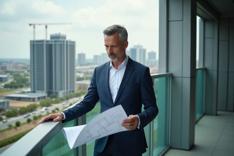 Homme d'affaires en costume sur un balcon urbain
