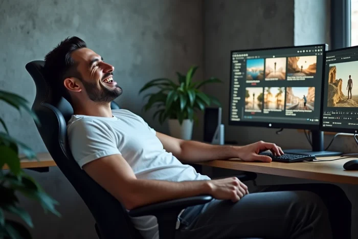 Homme regardant un catalogue de films en ligne sur un double écran dans un bureau à domicile moderne