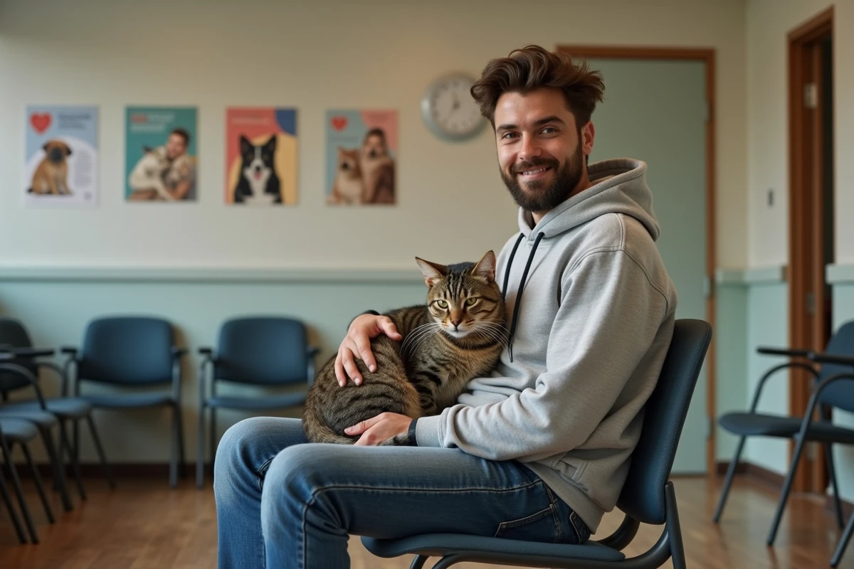 Jeune homme avec un chat dans une salle d