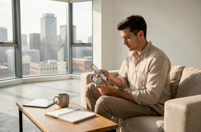 Jeune homme consultant des annonces immobilières sur tablette dans un appartement vide ensoleillé