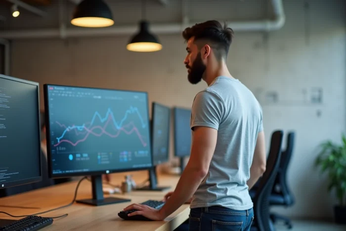 Homme analysant des statistiques de visibilité en ligne dans un espace de coworking moderne