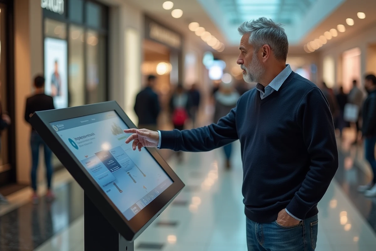 Homme concentré utilisant un kiosque tactile dans un centre commercial