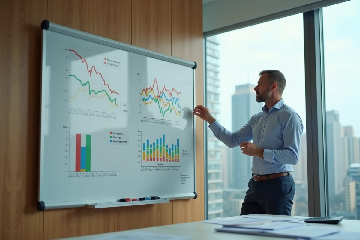 Homme analysant des graphiques sur un tableau blanc en réunion