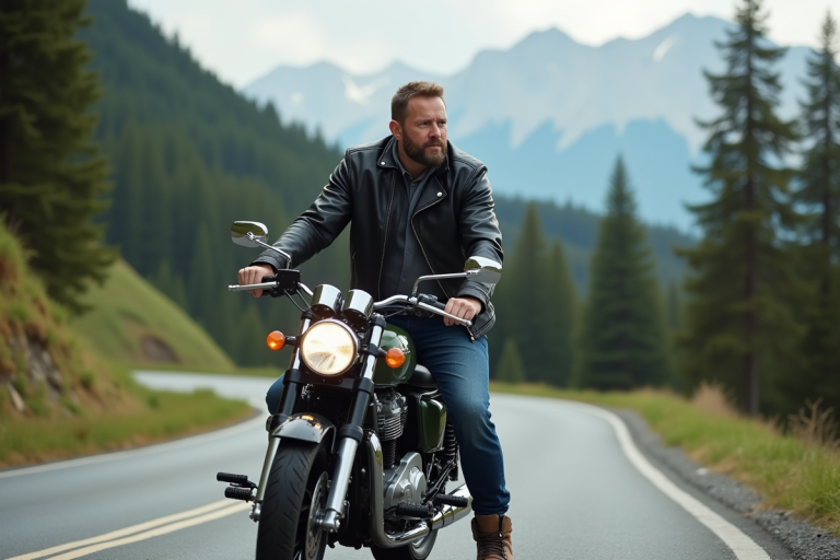 Homme avec moto de tourisme sur route de montagne