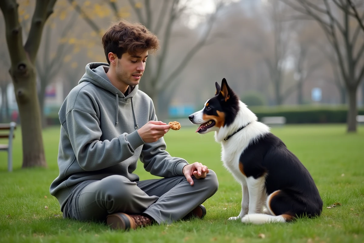 Jeune homme offrant des friandises à son chien dans un parc